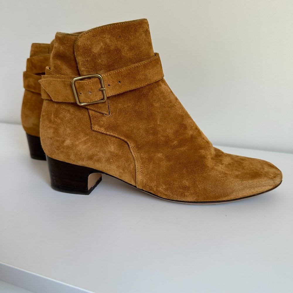 Michel Vivien Tan Suede Ankle Bootie with Buckle Strap - Picture 3 of 7